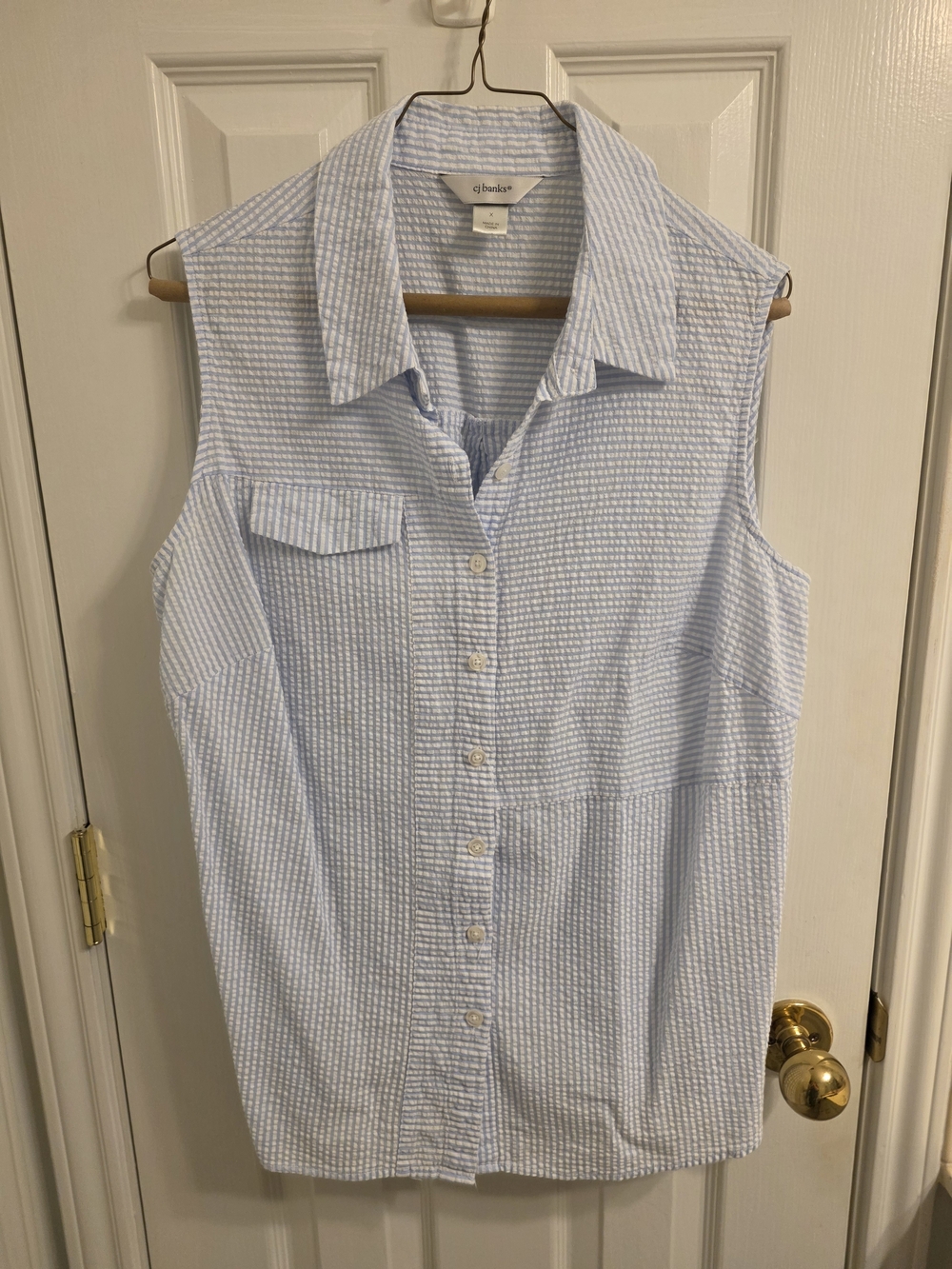 CJ Banks Light Blue Sleeveless Button-Front Seersucker Shirt